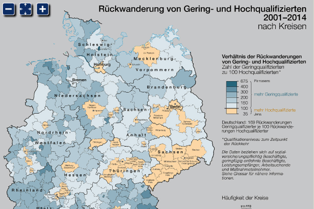 Rückwanderung nach Qualifizierung. Karte: IfL / Nationalatlas