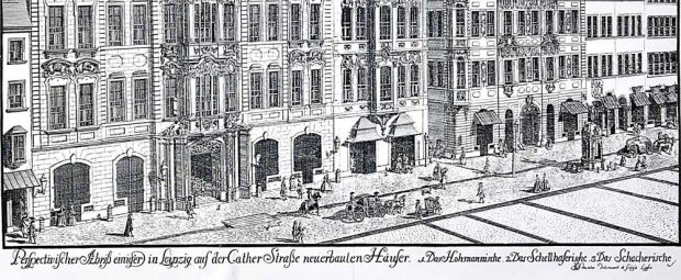 Johann George Schreiber: Einige neu erbaute Häuser in der Leipziger Cather-Straße (der Katharinenstraße, um 1720). Foto: Verlag Rockstuhl