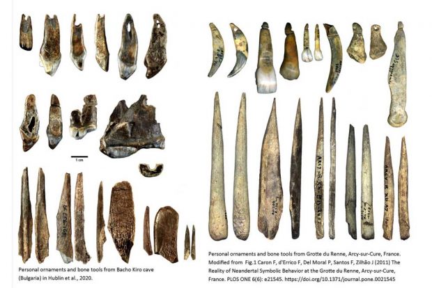 Persönliche Schmuckgegenstände und Knochenwerkzeuge aus der Bacho-Kiro-Höhle in Bulgarien (links) und aus der Grotte du Renne in Frankreich (rechts). Die Artefakte aus der Bacho-Kiro-Höhle werden dem Homo sapiens zugeschrieben und auf ein Alter von etwa 45.000 Jahre datiert. Die Artefakte aus der Grotte du Renne werden den Neandertalern zugeschrieben und sind nicht ganz so alt. Foto: Rosen Spasov and Geoff Smith, Lizenz: CC-BY-SA 2.0 