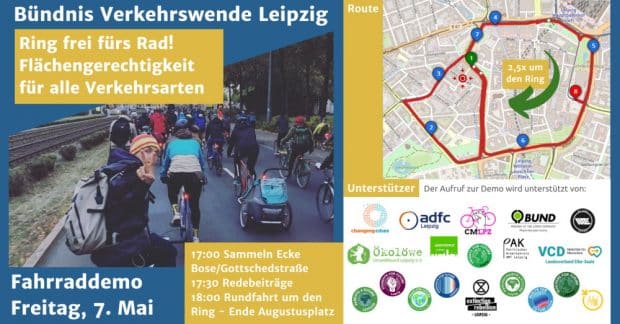 Einladung zur Fahrraddemo am 7. Mai. Grafik: Verkehrswende Leipzig