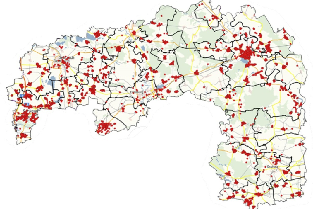 Die Landkreiskarte mit den förderfähigen Gebieten beim weiteren Ausbau des Glasfasernetzes. Grafik: LRA Nordsachsen