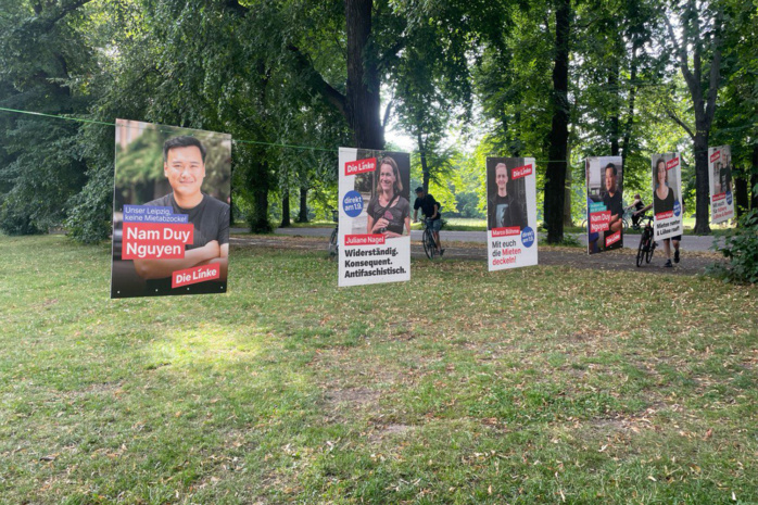 Beim Wahlkampfauftakt der Linken an der Leipziger Sachsenbrücke. Foto: LZ
