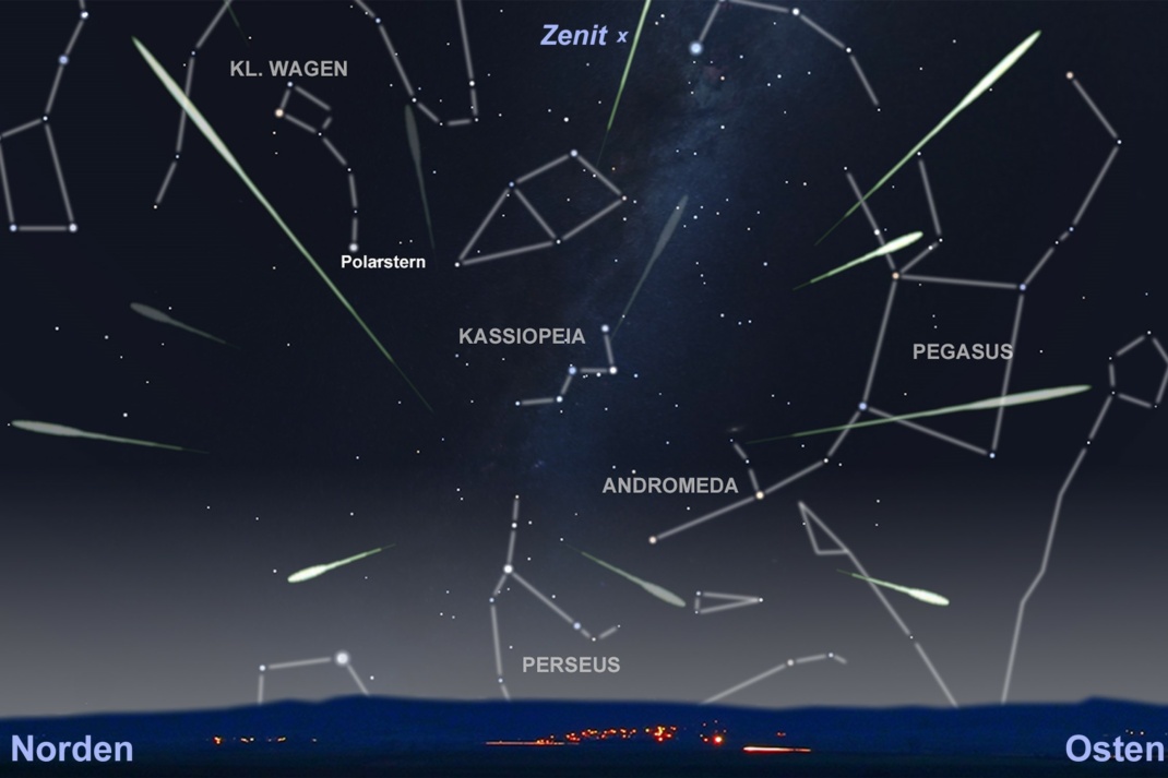 Der Sternenhimmel am 12. August um 23 Uhr mit Blickrichtung Nordost: Der Ausstrahlpunkt (Radiant) der Perseiden liegt am oberen Rand des Sternbildes Perseus. Quelle: Jürgen Vollmer/ WetterOnline