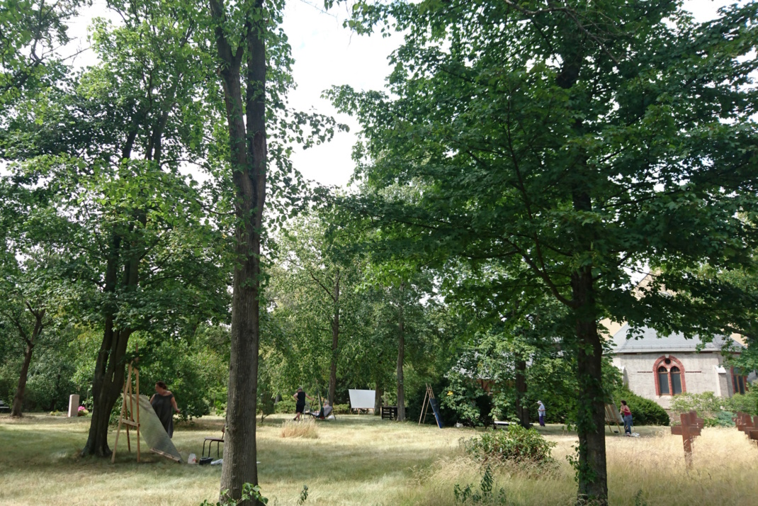 Friedhof, Wiese und Bäume.