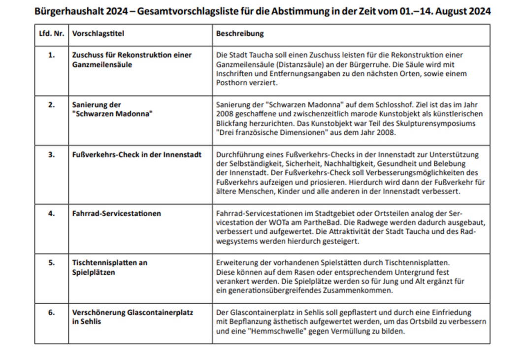 Die Abstimmungskandidaten zum Tauchaer Bürgerhaushalt. Grafik: Stadt Taucha