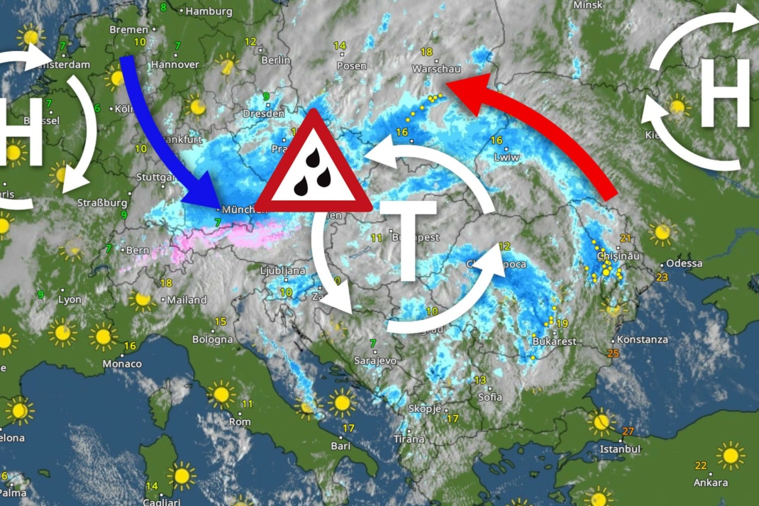 Tief ANETT hat in unseren Nachbarländern gewaltige Wassermassen und zerstörerische Hochwasser gebracht. Hauptursache dafür war zum einen die Großwetterlage, denn das Tief wurde blockiert, zum anderen das warme Mittelmeer. Quelle: WetterOnline