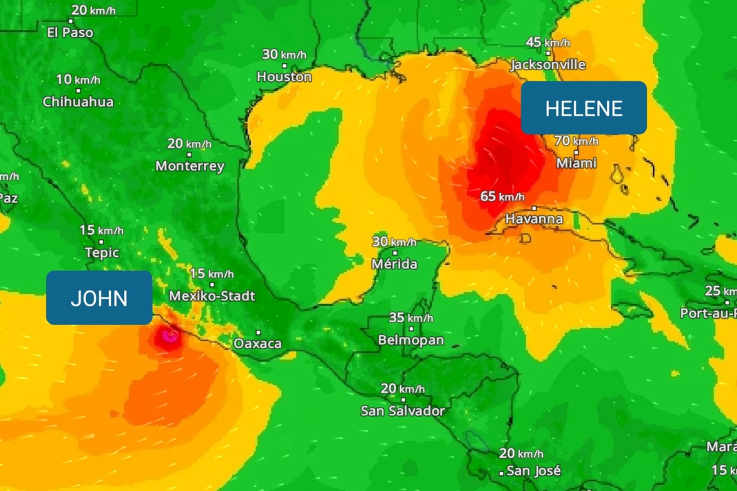 Die mexikanische Pazifikküste wird zum zweiten Mal in kürzester Zeit von Tropensturm JOHN bedroht. Zeitgleich zieht der atlantische Hurrikan HELENE in Richtung Florida. Quelle: WetterOnline