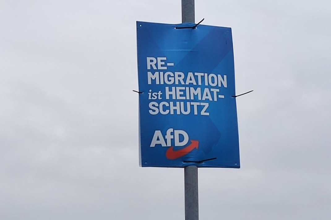 Wahlplakat der AfD, grauer Himmel.