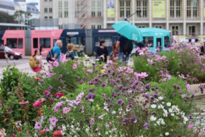 Platz mit Blumen und Bepflanzung, Personen.