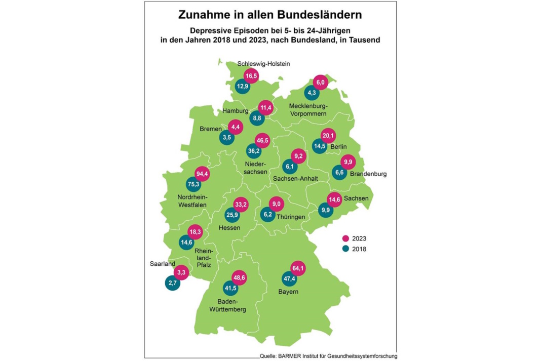 Depressive Episoden bei 5- bis 24-Jährigen 2018 und 2023, kartografische Darstellung.