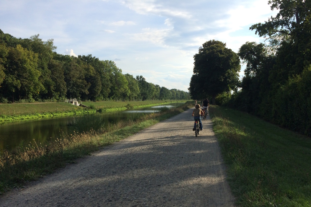 Zu sehen ist ein Rad- und Spazierweg am Fluss im Sonnenlicht, ein Radler ist unterwegs.