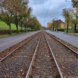 Straßenbahntrasse in der Mitte der Fahrbahn, zweigleisig, daneben die asphaltierten Fahrspuren, Gehweg und Bäume.