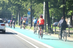 Radfahrer auf grünem Sonderstreifen, daneben Fahrbahn für Autos.