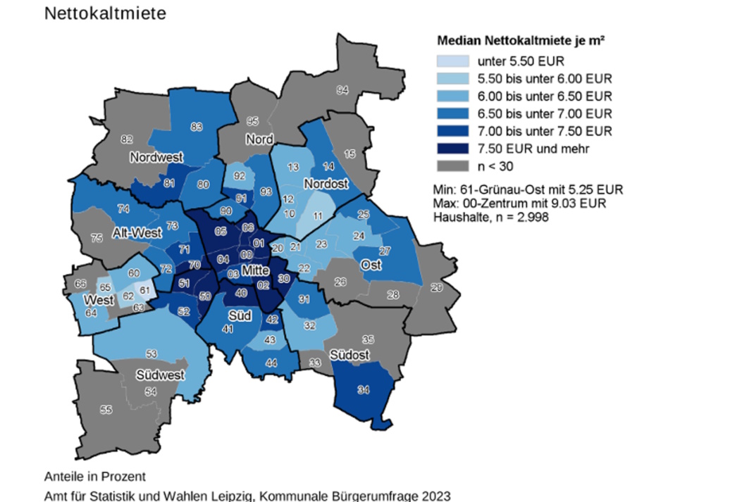 Die unterschiedliche Nettokaltmiete im Leipziger Stadtgebiet, grafische Darstellung.