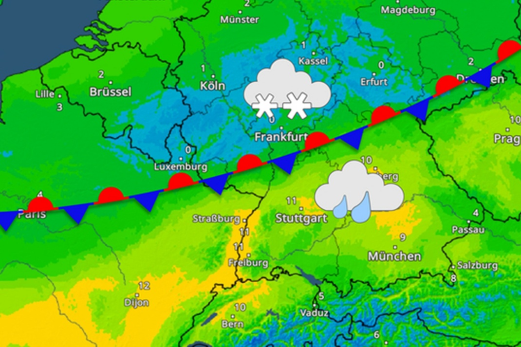 Das TemperaturRadar zeigt die großen Unterschiede entlang der Luftmassengrenze am Donnerstag. Quelle: WetterOnline