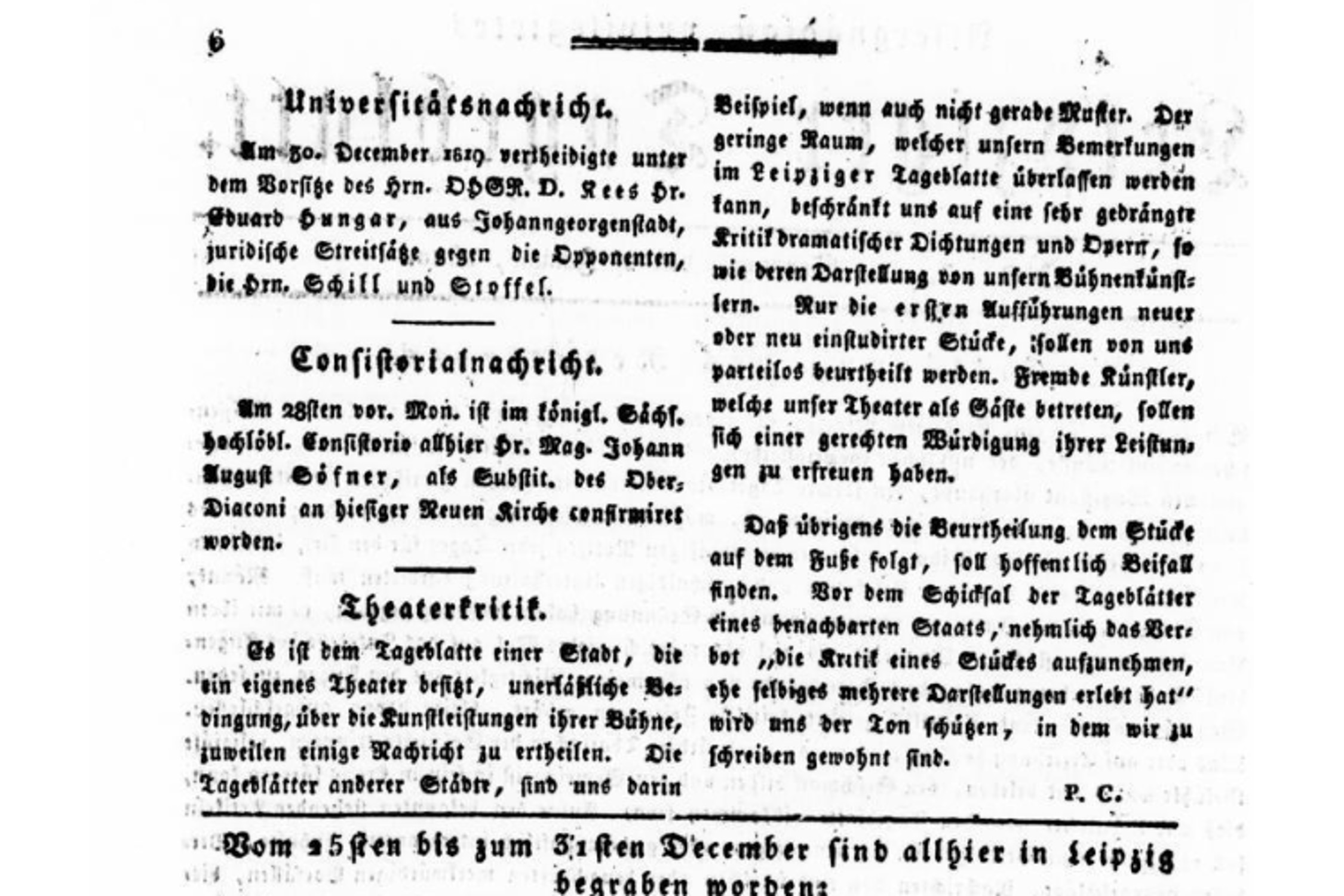 Ankündigung der Theaterkritiken im "Leipziger Tageblatt" vom 2. Januar 1820. Foto: Digitalisat der SLUB Dresden